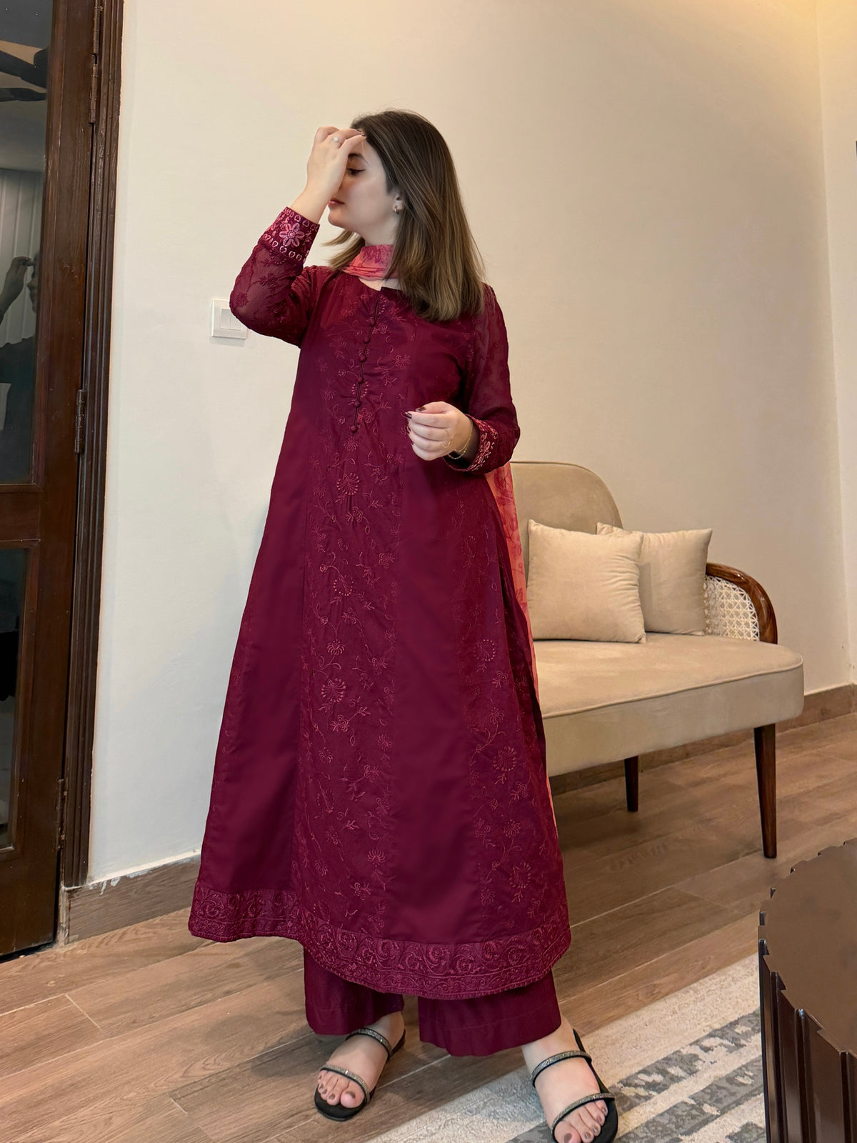 Burgundy Elegance Embroidered 3-Piece Suit | ZM-104