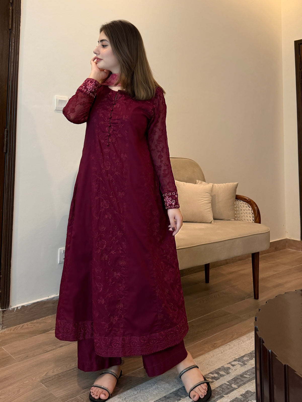 Burgundy Elegance Embroidered 3-Piece Suit | ZM-104