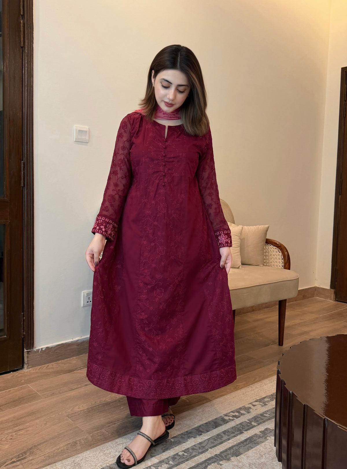 Burgundy Elegance Embroidered 3-Piece Suit | ZM-104
