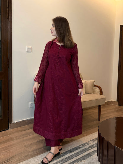 Burgundy Elegance Embroidered 3-Piece Suit | ZM-104