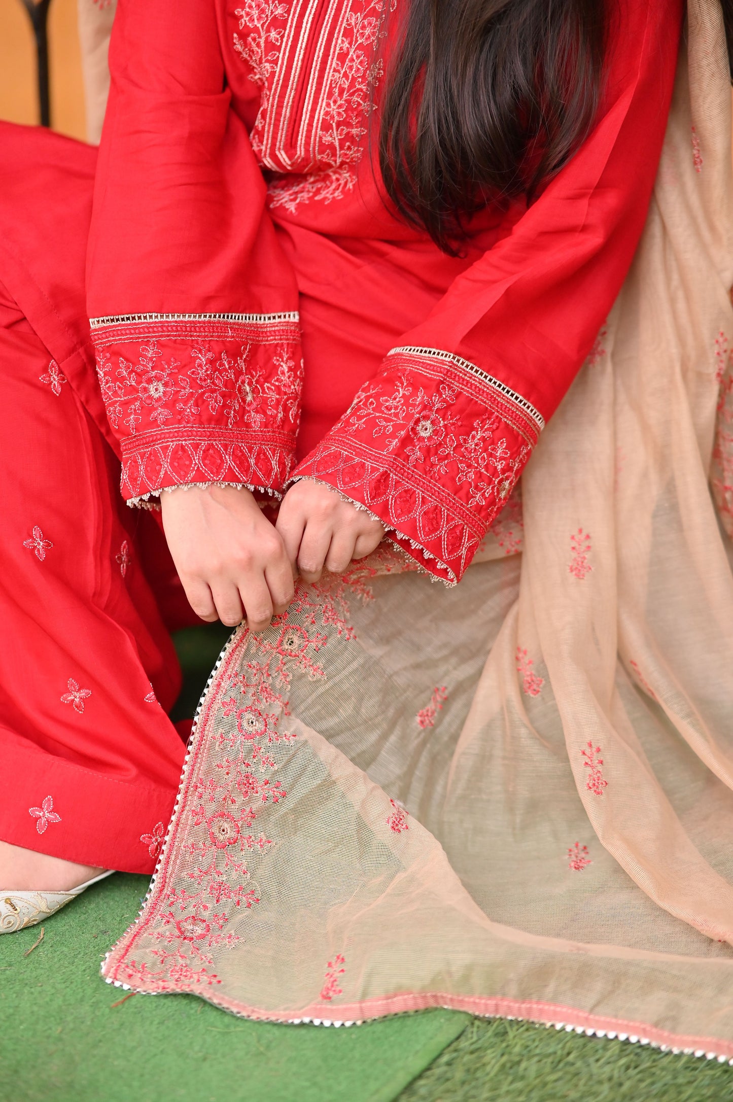 Celestial Red Raw Silk Embroidered 3-Piece Suit | ZM-99