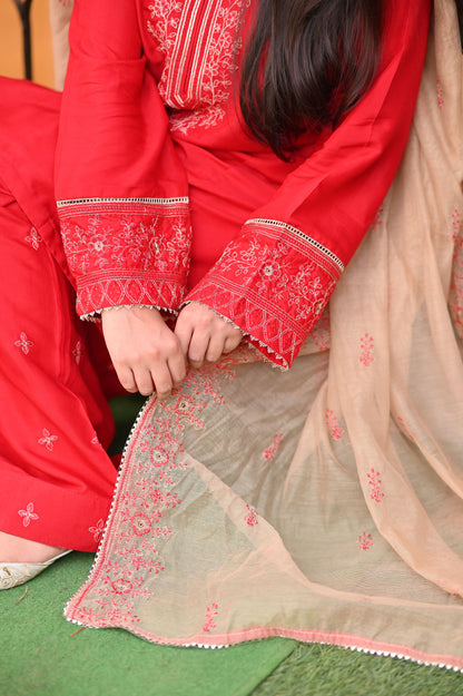 Celestial Red Raw Silk Embroidered 3-Piece Suit | ZM-99