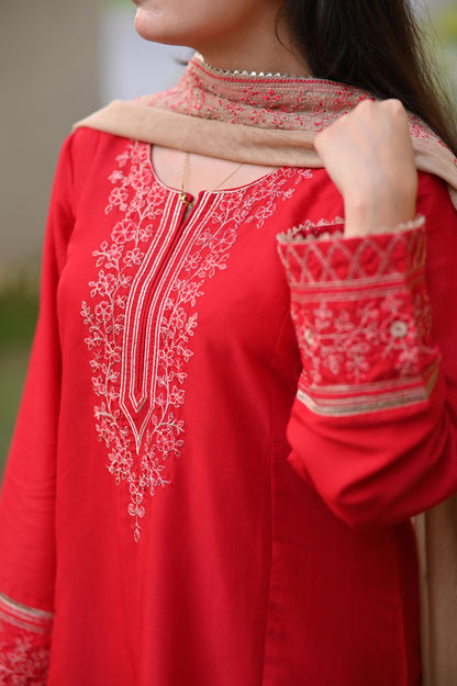 Celestial Red Raw Silk Embroidered 3-Piece Suit | ZM-99
