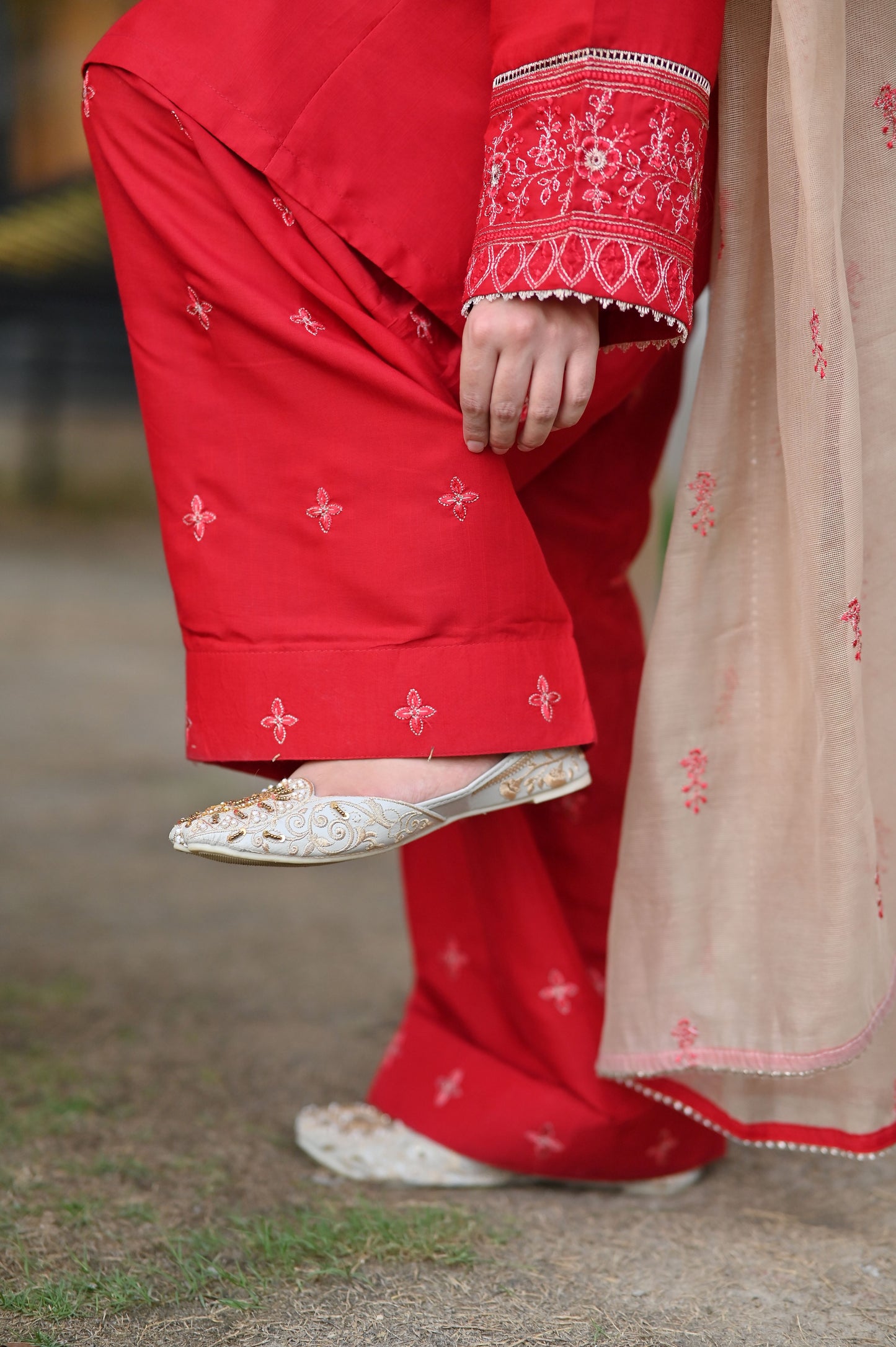 Celestial Red Raw Silk Embroidered 3-Piece Suit | ZM-99