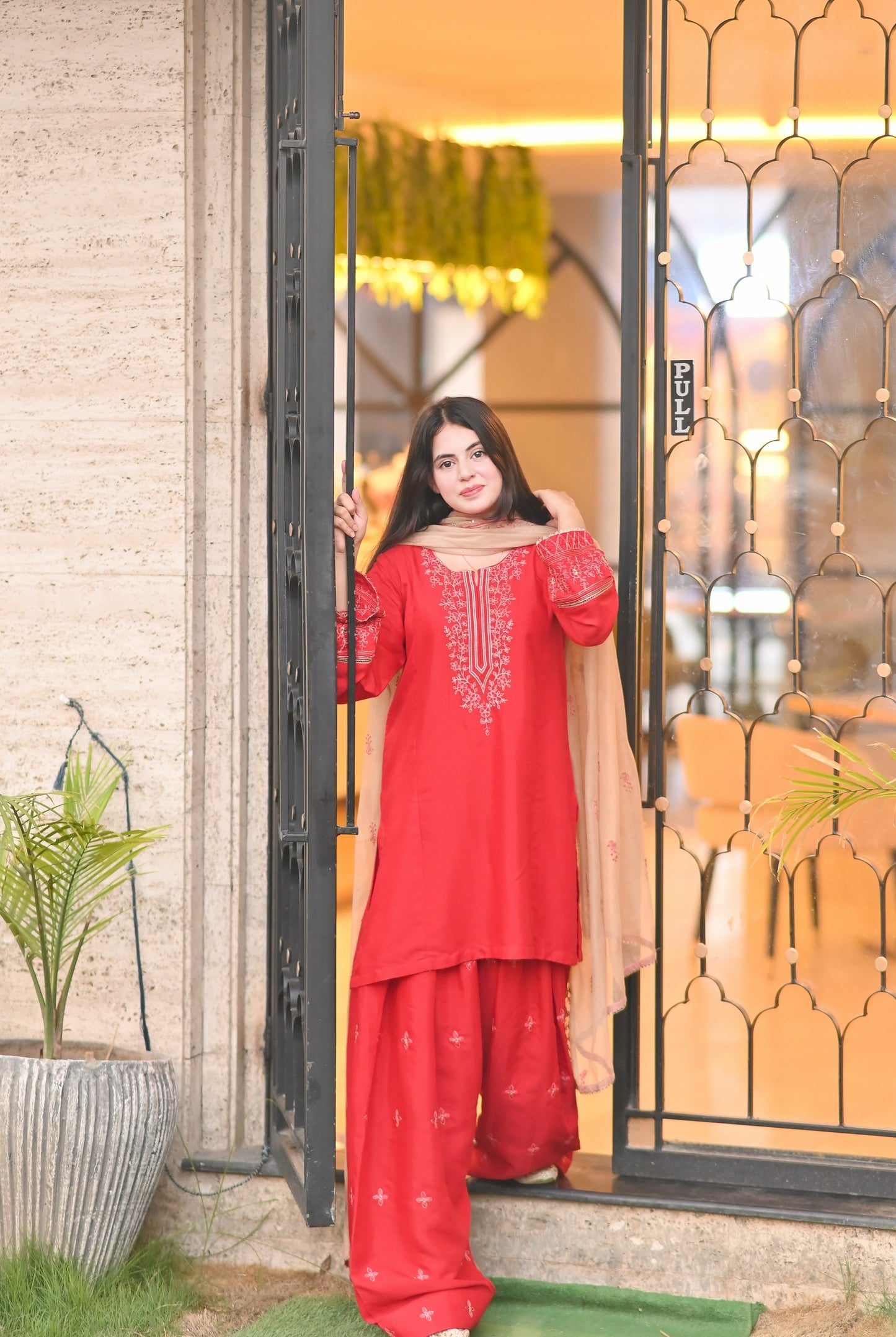 Celestial Red Raw Silk Embroidered 3-Piece Suit | ZM-99