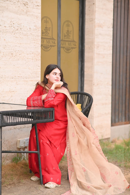 Celestial Red Raw Silk Embroidered 3-Piece Suit | ZM-99
