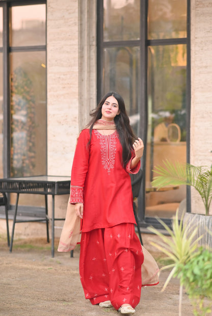 Celestial Red Raw Silk Embroidered 3-Piece Suit | ZM-99
