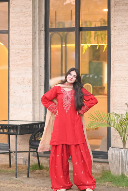 Celestial Red Raw Silk Embroidered 3-Piece Suit | ZM-99