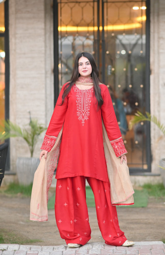 Celestial Red Raw Silk Embroidered 3-Piece Suit | ZM-99