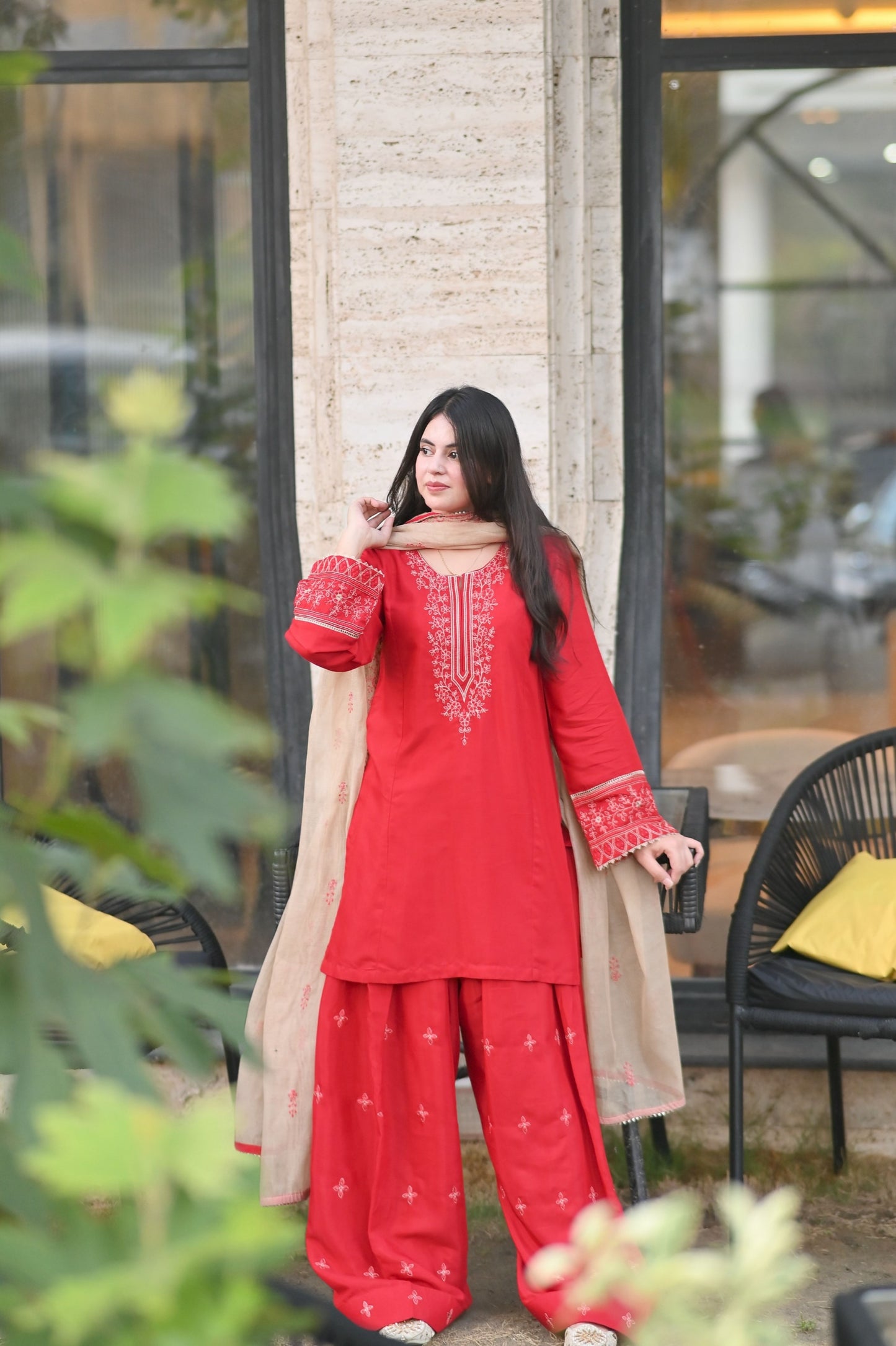 Celestial Red Raw Silk Embroidered 3-Piece Suit | ZM-99
