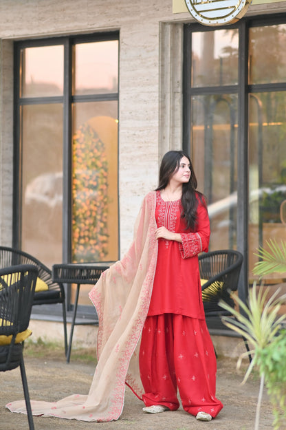 Celestial Red Raw Silk Embroidered 3-Piece Suit | ZM-99