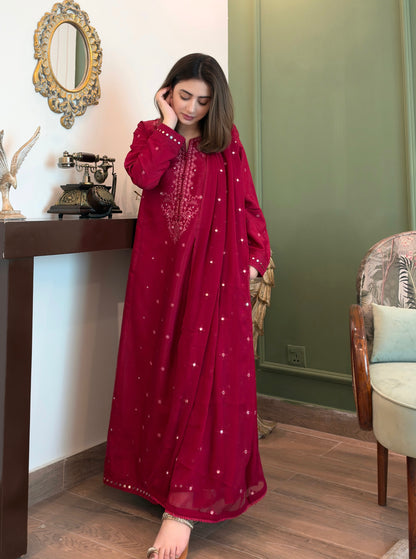 Wine Maroon Embroidered 3-Piece Raw Silk Party Wear Suit | ZM-110