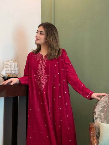 Wine Maroon Embroidered 3-Piece Raw Silk Party Wear Suit | ZM-110