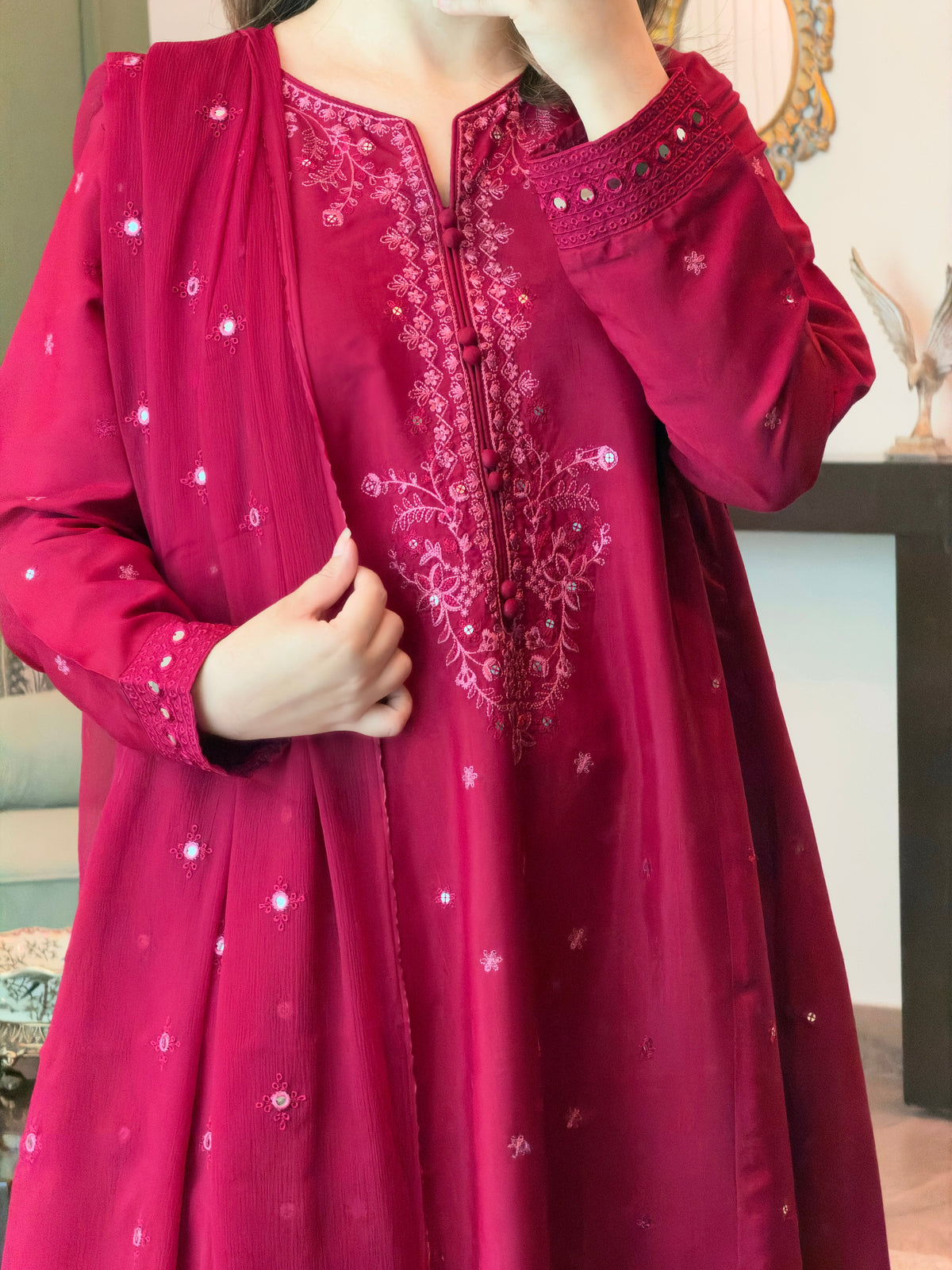 Wine Maroon Embroidered 3-Piece Raw Silk Party Wear Suit | ZM-110