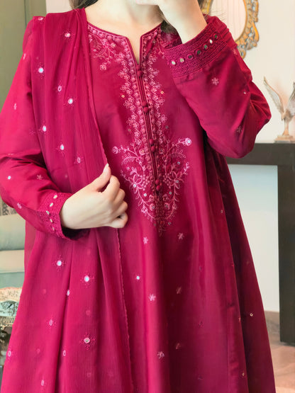 Wine Maroon Embroidered 3-Piece Raw Silk Party Wear Suit | ZM-110