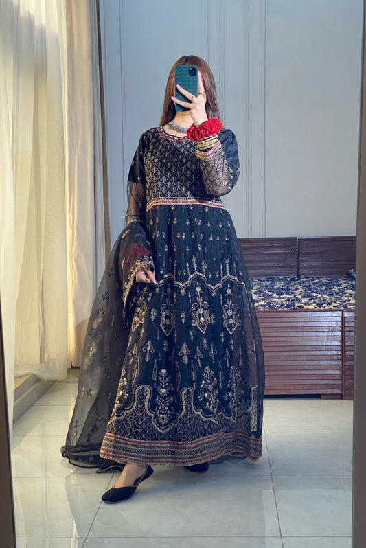 Black 3-Piece Luxury Pret Embroidered Organza Frock | ZM-21